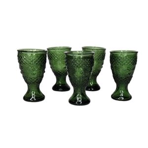 Vintage 70s Petite Cordial Glasses, Green Pressed Glass, Set of 5, Hobnail